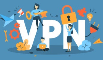 Concept image illustrating VPN with men and women holding security symbols next to VPN logo.