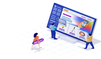 Graphic of a website being built by little people