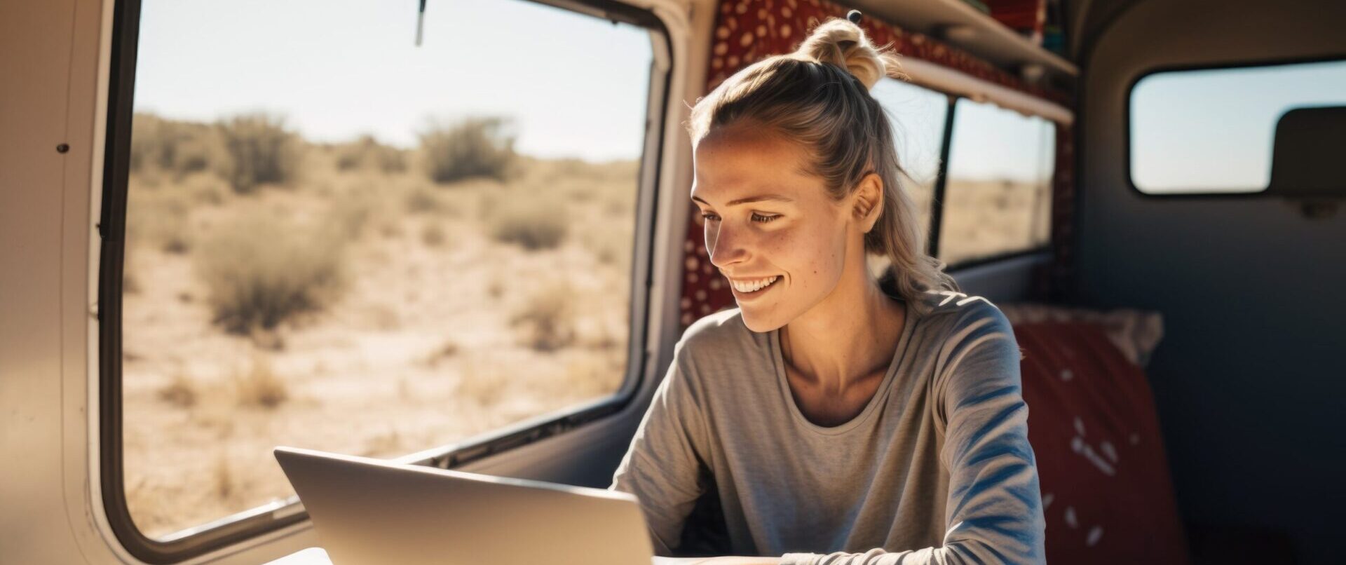 Happy remote worker in a campervan