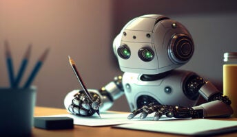 A robot representing AI concept sits at a table drawing to illustrate logo generation