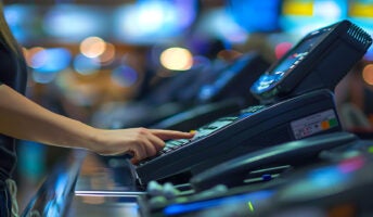A person uses a POS machine in a supermarket.