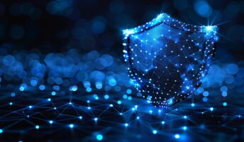A picture abstractly illustrating VPN safety with a blue shield.