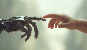 A robot hand and a child's hand touching fingers.