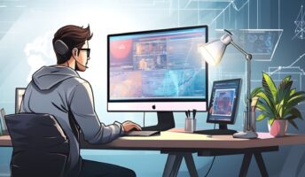 illustration of man building a website at his desk.