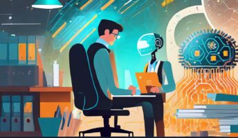 AI generated image showing robot helping man work smarter to achieve 4-day workweek