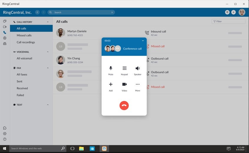 Ringecentral's interface when a user is making a call.