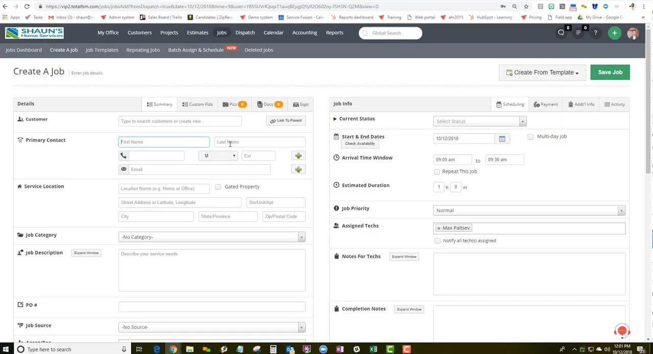 Service Fusion Dispatch: Create jobs