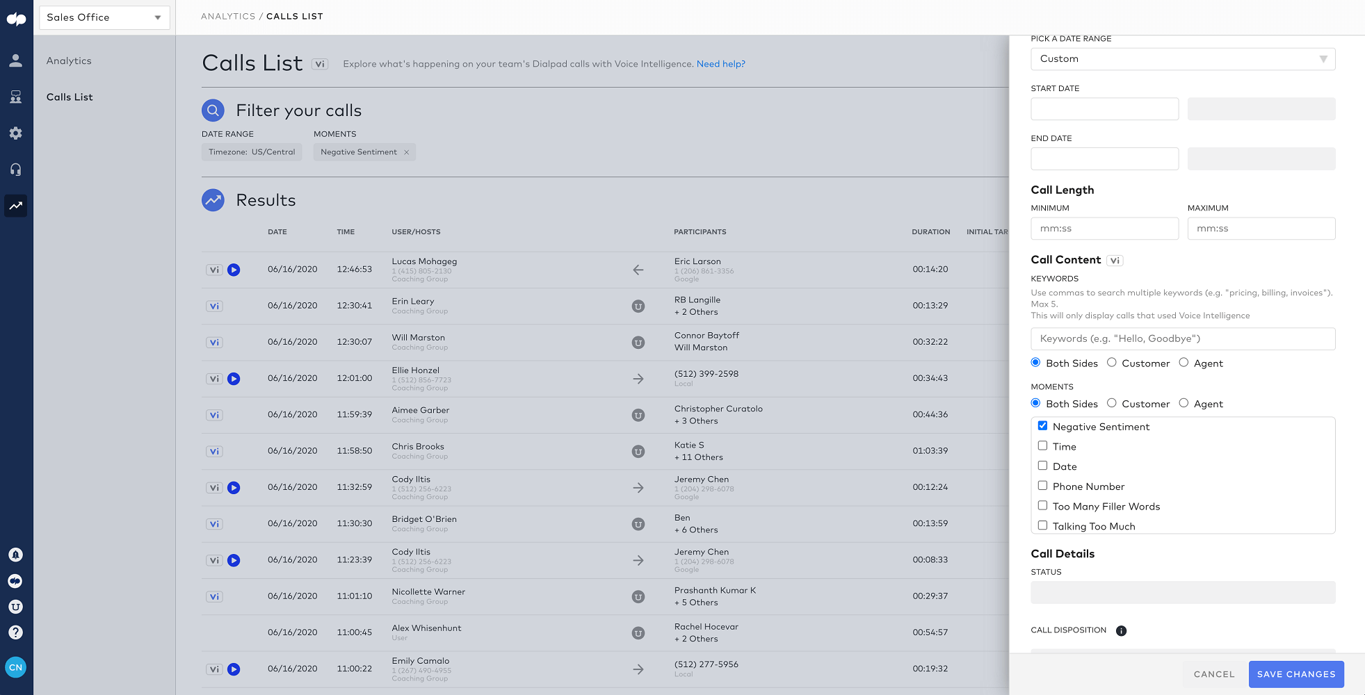 Dialpad call list
