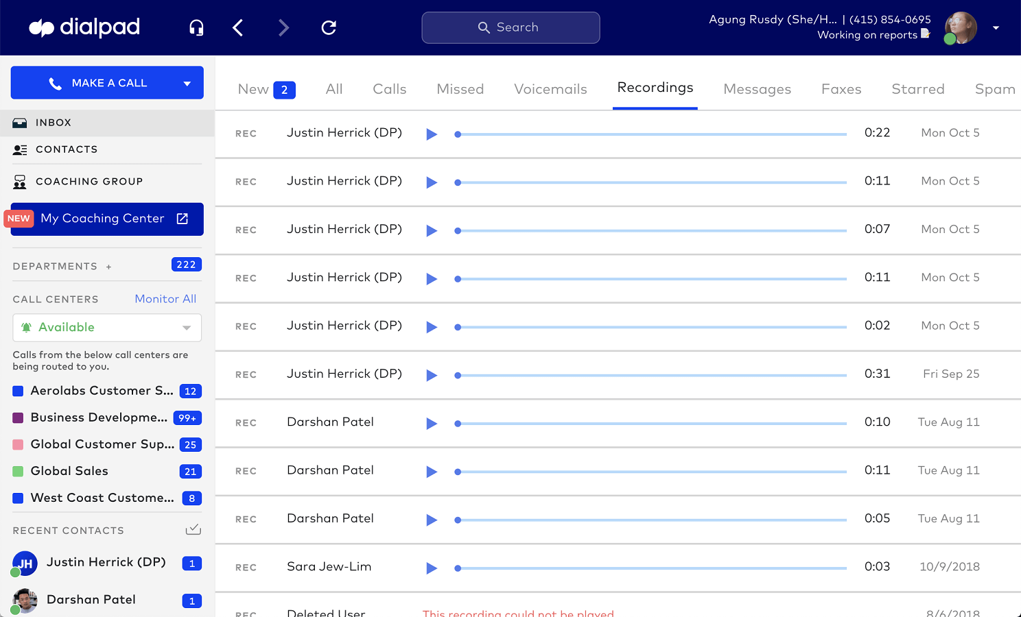 Dialpad inbox recordings tab