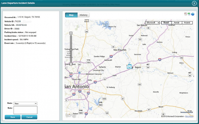 A lane departure incident on Omnitracs dashboard