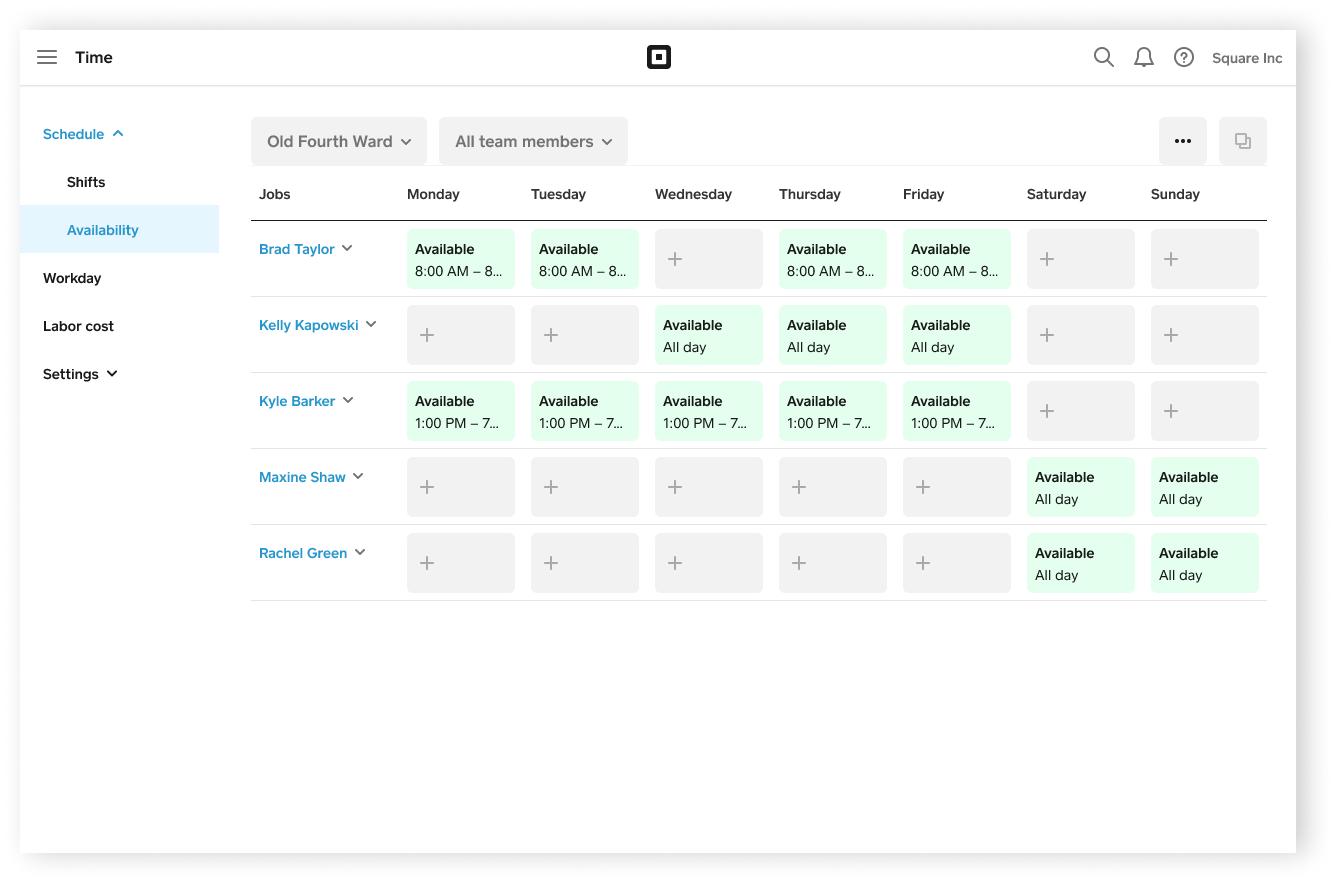 Square lets you assign shifts and track employee availability easily