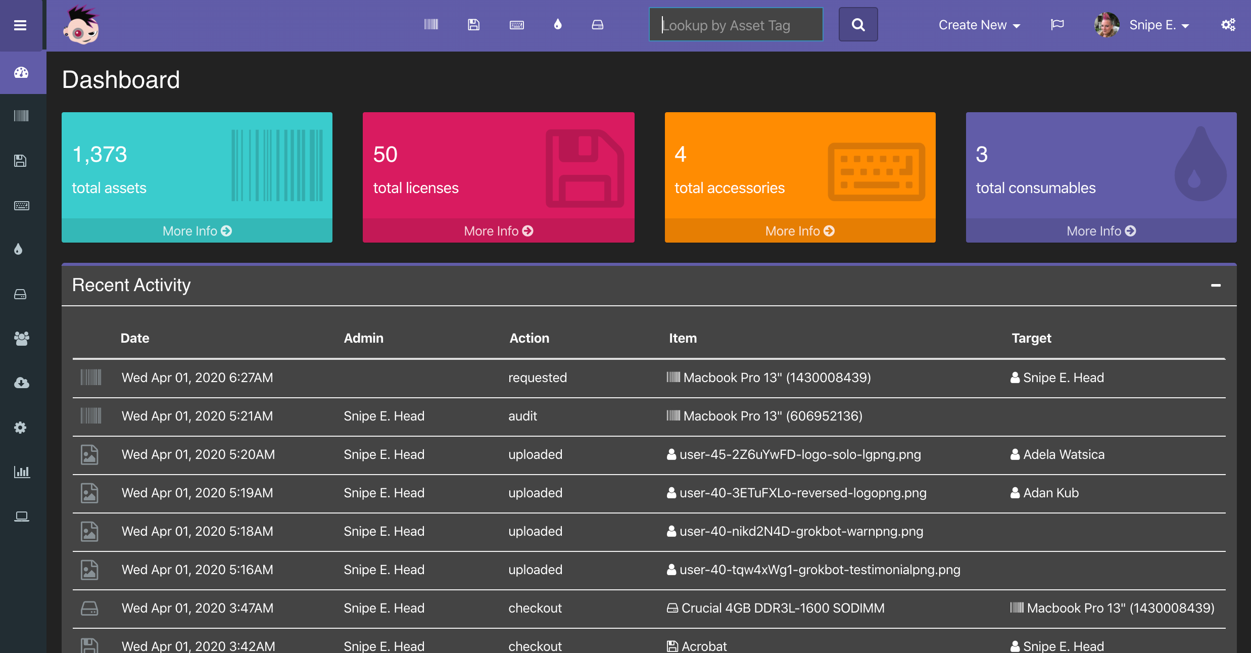 Snipe-IT dashboard activity