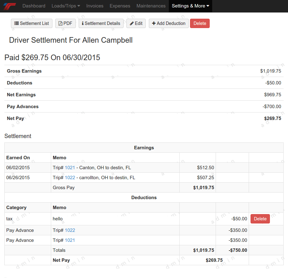 TruckingOffice: Driver Settlement