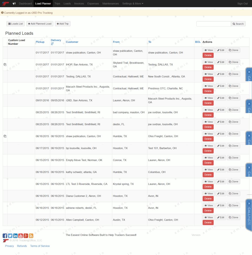 TruckingOffice: planned loads