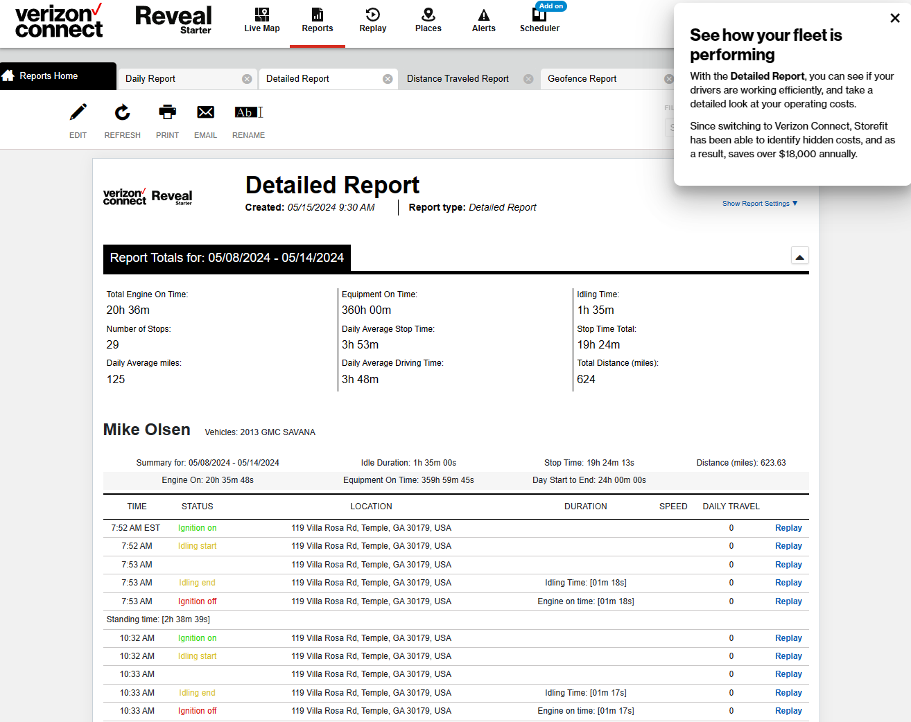 Verizon Connect Reveal Detailed Report
