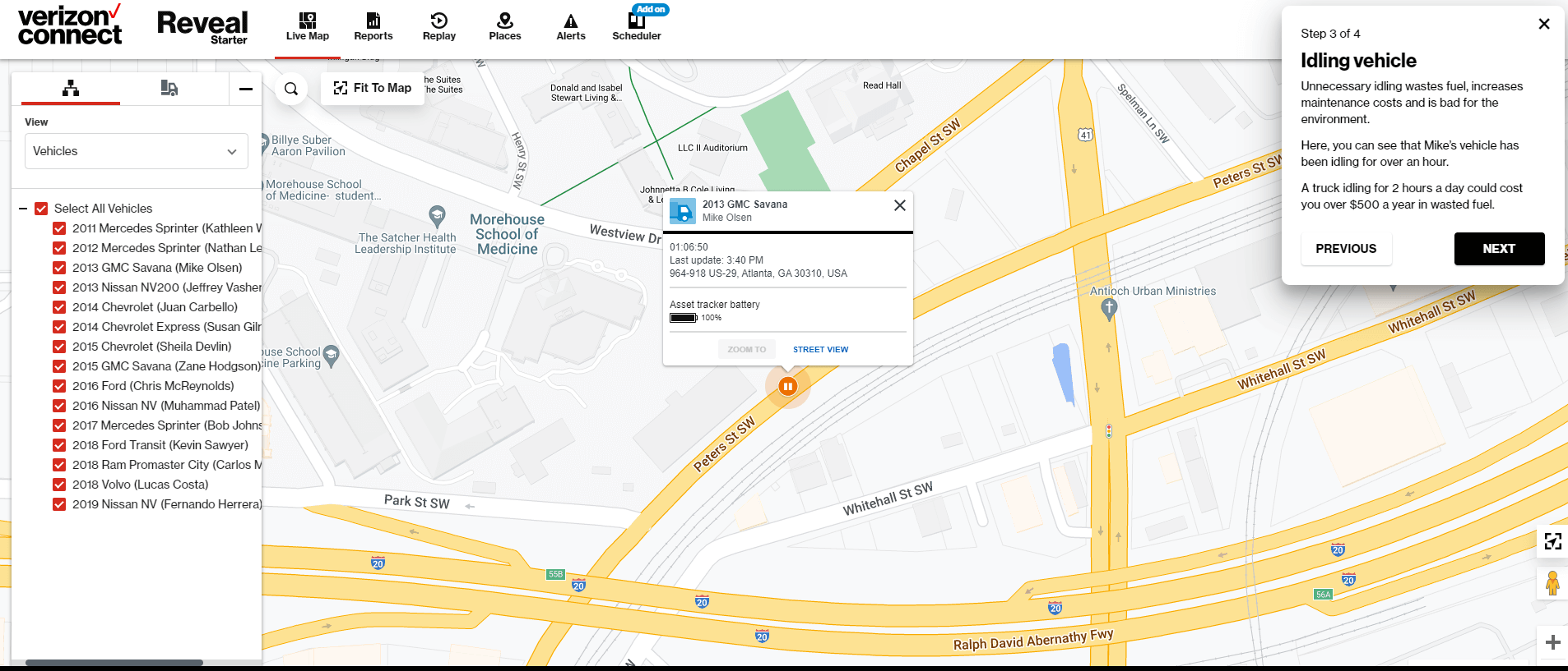Verizon Connect Reveal: Map view with vehicle info